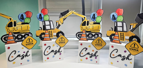 CONSTRUCTION/EXCAVATOR AND DUMP TRUCK CENTERPIECES Prices are for 1 centerpiece( Name and age in Acriluyc)