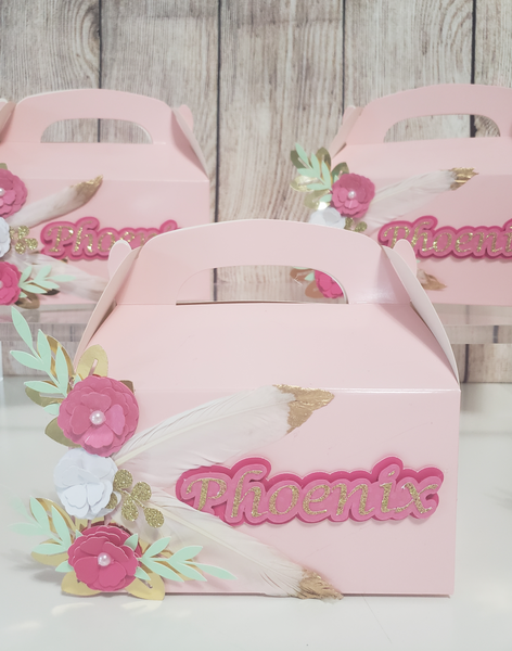 Flowers and feathers pink favor boxes